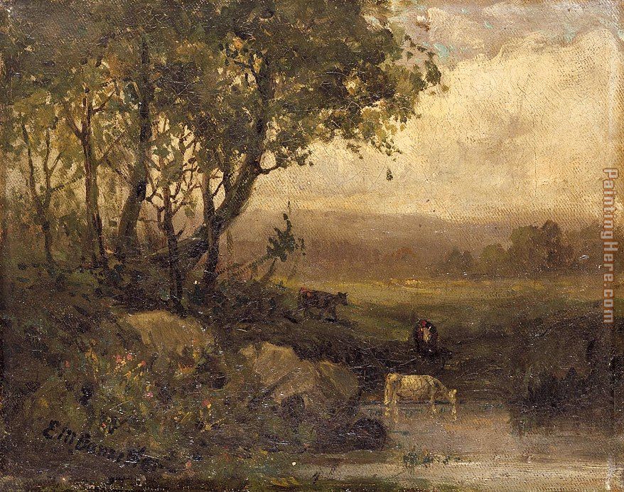Edward Mitchell Bannister landscape, riverbank, three cows